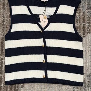 Striped Knit Button Front Vest - Navy & White